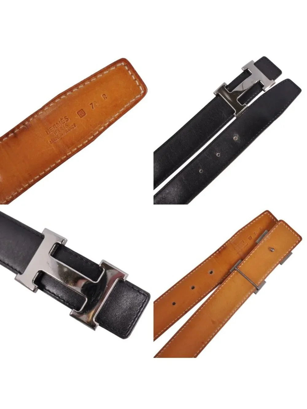 Hermes Vintage Belt Leather Reversible H Logo Constance Black
